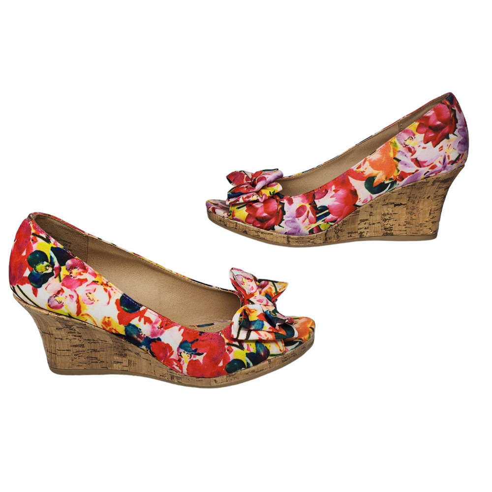 Dexflex Comfort Shoes Womens 9 Floral Wedge Bowtie Heels Colorful Peep Toe